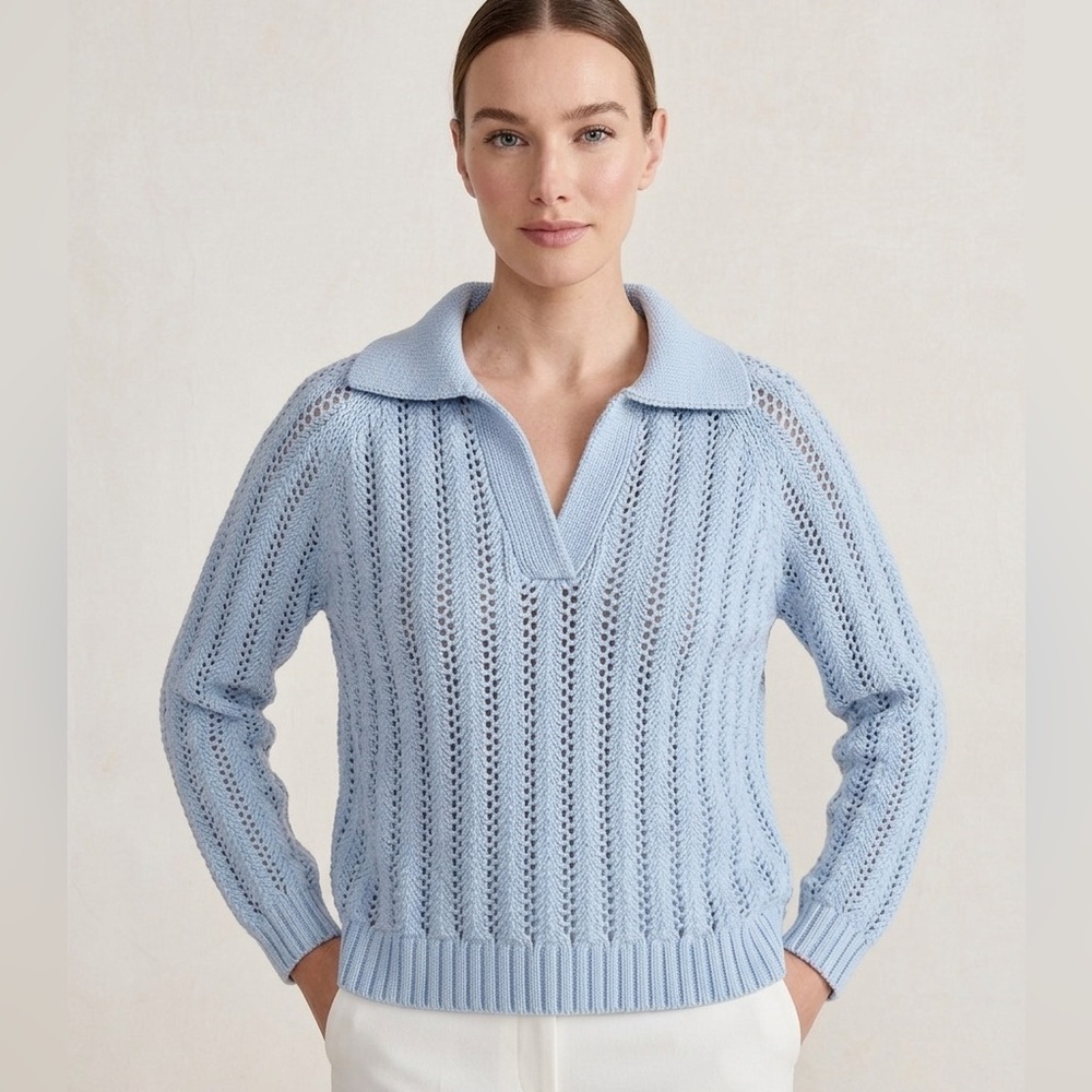 Haven Well Within Open Stitch Johnny Collar Chunky Knit Pastel Blue Sweater S